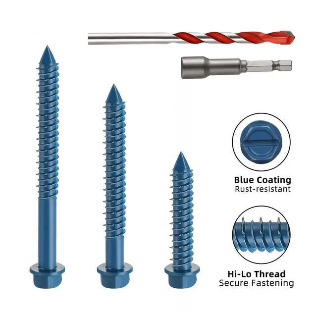 Alt view image 3 of 6 - 3/16" x 1-1/4" Concrete Screws, 100 PCS Blue Hex Washer Head Concrete Screws Anchor Kit with Drill Bit and Hex Bit Socket, for Masonry, Cement, Block, Brick or Stucco