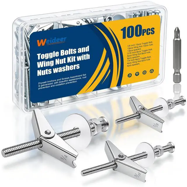 Main image of 100Pcs Toggle Bolts 1/8" 3/16" 1/4" Heavy Duty Drywall Anchors and Screws Assortment Set Toggle Bolts and Wing Nut Kit with Nuts washers (25sets) K-136