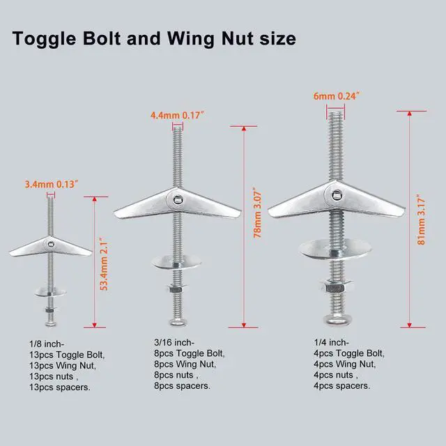 Alt view image 5 of 7 - 100Pcs Toggle Bolts 1/8" 3/16" 1/4" Heavy Duty Drywall Anchors and Screws Assortment Set Toggle Bolts and Wing Nut Kit with Nuts washers (25sets) K-136