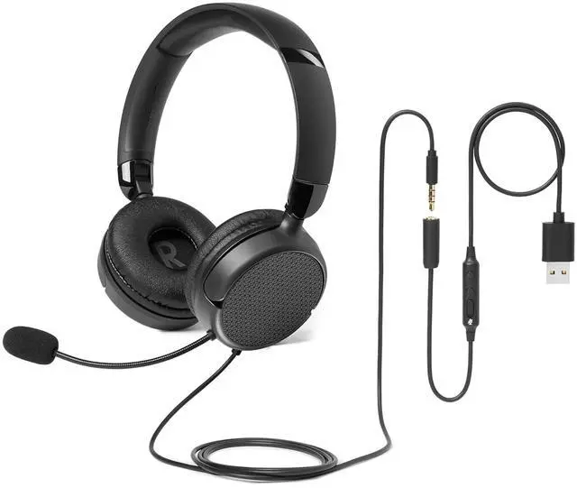Main image of On Ear Wired Computer Headset with Adjustable Microphone, 3.5mm Port or in-Line Control with USB-A Port, Foldable, Clear Sound, Small/Medium Size, Black