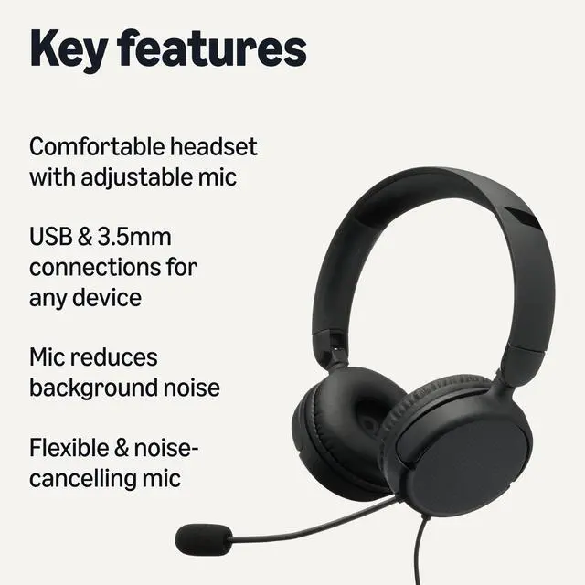 Alt view image 2 of 6 - On Ear Wired Computer Headset with Adjustable Microphone, 3.5mm Port or in-Line Control with USB-A Port, Foldable, Clear Sound, Small/Medium Size, Black