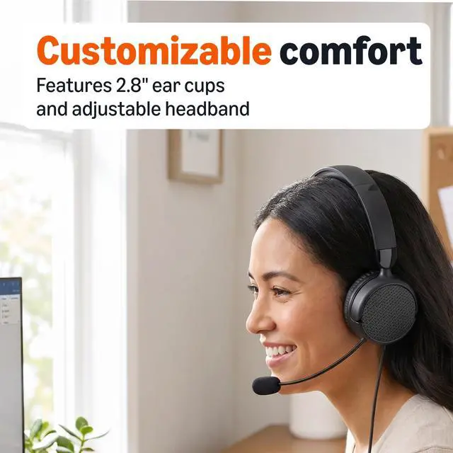 Alt view image 5 of 6 - On Ear Wired Computer Headset with Adjustable Microphone, 3.5mm Port or in-Line Control with USB-A Port, Foldable, Clear Sound, Small/Medium Size, Black