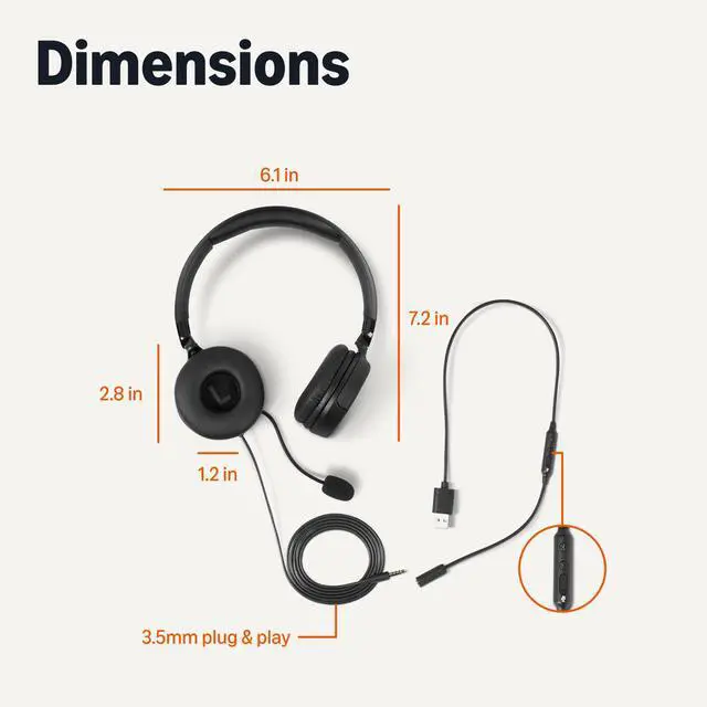 Alt view image 6 of 6 - On Ear Wired Computer Headset with Adjustable Microphone, 3.5mm Port or in-Line Control with USB-A Port, Foldable, Clear Sound, Small/Medium Size, Black