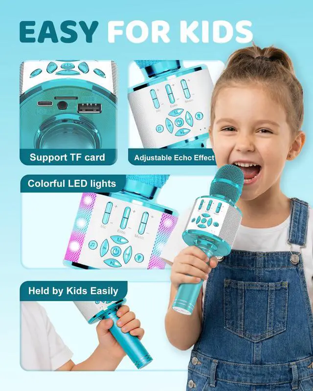 Alt view image 4 of 7 - Kids Karaoke Microphone Machine Toys for Girls Bluetooth Microphone with LED Light, Christmas Birthday Gift for Girls Boys 3-12+ Years Old (Blue)