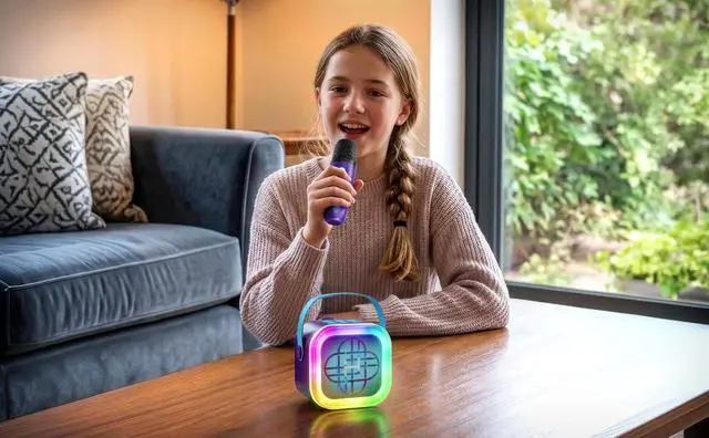 Alt view image 2 of 6 - Kpop Demon Hunters Bluetooth Karaoke Machine for Kids, Wireless Microphone | Light Show and USB Disco Ball