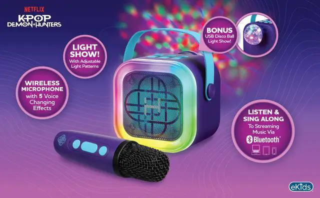 Alt view image 3 of 6 - Kpop Demon Hunters Bluetooth Karaoke Machine for Kids, Wireless Microphone | Light Show and USB Disco Ball
