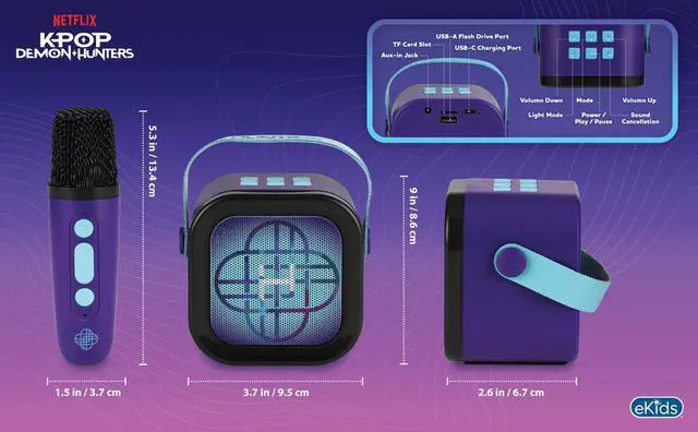 Alt view image 4 of 6 - Kpop Demon Hunters Bluetooth Karaoke Machine for Kids, Wireless Microphone | Light Show and USB Disco Ball