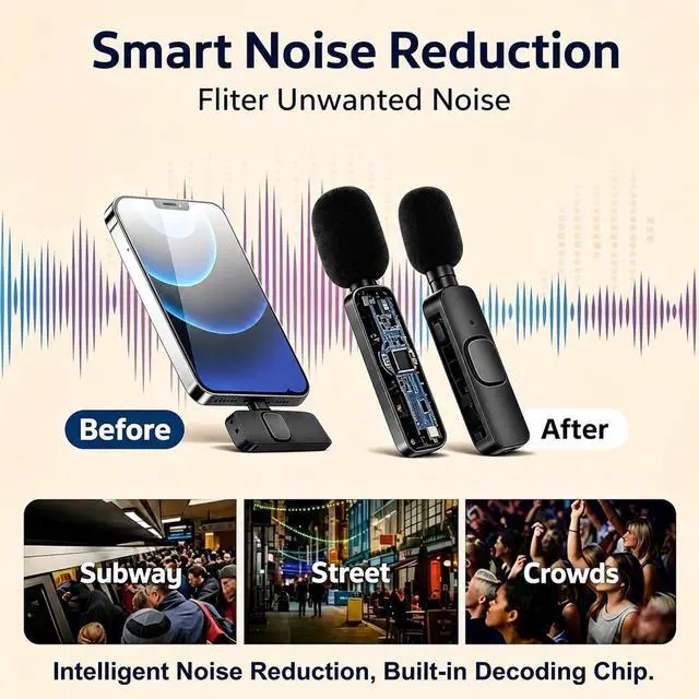 Alt view image 4 of 7 - Wireless Lavalier Microphone for iPhone Android, 2Pcs Mini Mic, Plug & Play | Noise Cancelling, 64dB Adaptive, 0.35oz Featherweight, 65ft Range, 6H Battery, for Content Creators Vlogging, YouTube,