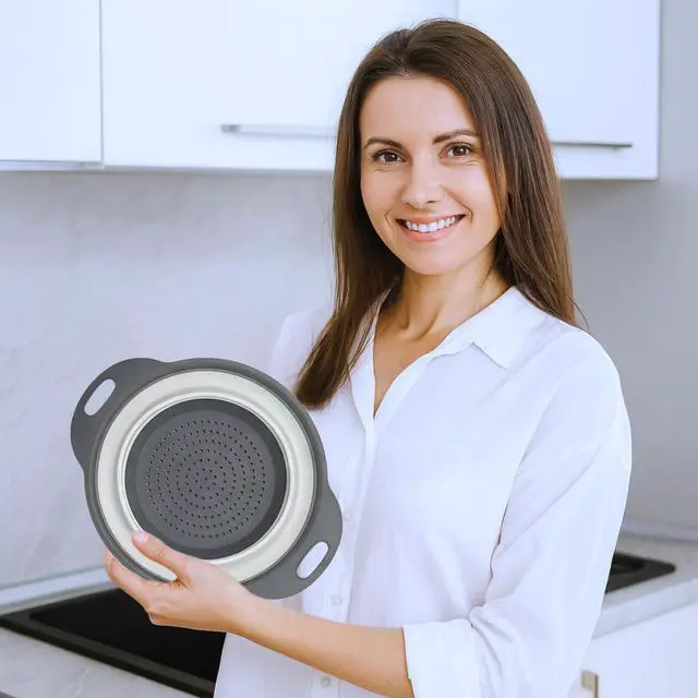 Alt view image 6 of 7 - White Round Silicone Collapsible Colander Silicone Round Kitchen Strainers with Plastic Handles Small Foldable Kitchen Strainer Perfect for Draining Pasta Vegetable and Fruit