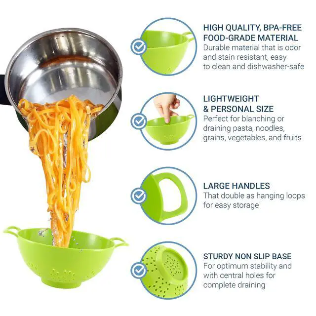 Alt view image 4 of 7 - 6-Inch Small Colander, 3-Cup Food Strainer, Meadow Green | BPA-free, dishwasher-safe mini colander has a wide, shallow bowl, 1/8-inch holes, two handles, ring foot and smooth edges.