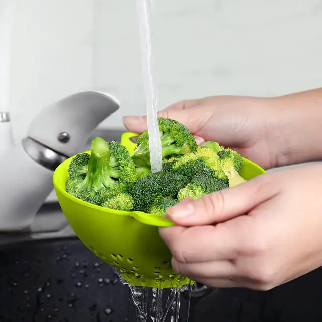 Alt view image 5 of 7 - 6-Inch Small Colander, 3-Cup Food Strainer, Meadow Green | BPA-free, dishwasher-safe mini colander has a wide, shallow bowl, 1/8-inch holes, two handles, ring foot and smooth edges.