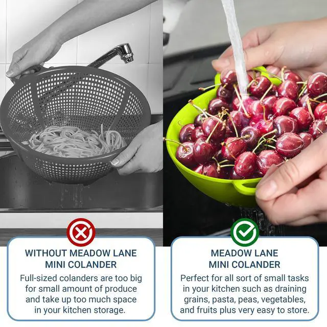 Alt view image 6 of 7 - 6-Inch Small Colander, 3-Cup Food Strainer, Meadow Green | BPA-free, dishwasher-safe mini colander has a wide, shallow bowl, 1/8-inch holes, two handles, ring foot and smooth edges.