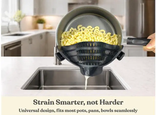Alt view image 3 of 7 - Clip On Strainer Silicone for Pots and Pans, Universal Fit Pasta Strainer and Pot Colander, Space Saving Food Drainer with Collapsible Funnel and Garlic Peeler, 3 Pcs Set, Black