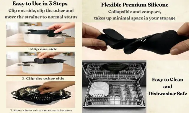 Alt view image 4 of 7 - Clip On Strainer Silicone for Pots and Pans, Universal Fit Pasta Strainer and Pot Colander, Space Saving Food Drainer with Collapsible Funnel and Garlic Peeler, 3 Pcs Set, Black