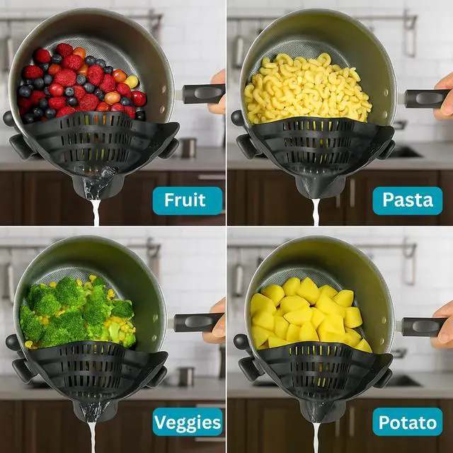 Alt view image 7 of 7 - Clip On Strainer Silicone for Pots and Pans, Universal Fit Pasta Strainer and Pot Colander, Space Saving Food Drainer with Collapsible Funnel and Garlic Peeler, 3 Pcs Set, Black
