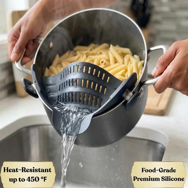 Alt view image 2 of 7 - Clip On Strainer Silicone for Pots and Pans, Universal Fit Pasta Strainer and Pot Colander, Space Saving Food Drainer with Collapsible Funnel and Garlic Peeler, 3 Pcs Set, Black