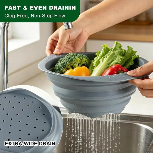 Alt view image 3 of 6 - Collapsible Silicone Colander with Handle, 10.5-Inch Large Capacity Foldable Strainer for Vegetables, Pasta, Fruits - Heat Resistant up to 212°F, Non-Slip Base, Space-Saving Kitchen Tool-2pack