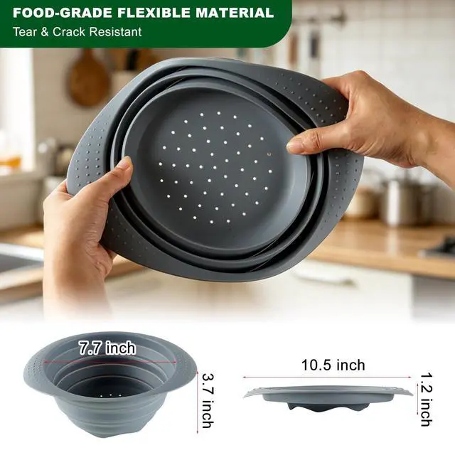 Alt view image 2 of 6 - Collapsible Silicone Colander with Handle, 10.5-Inch Large Capacity Foldable Strainer for Vegetables, Pasta, Fruits - Heat Resistant up to 212°F, Non-Slip Base, Space-Saving Kitchen Tool-2pack