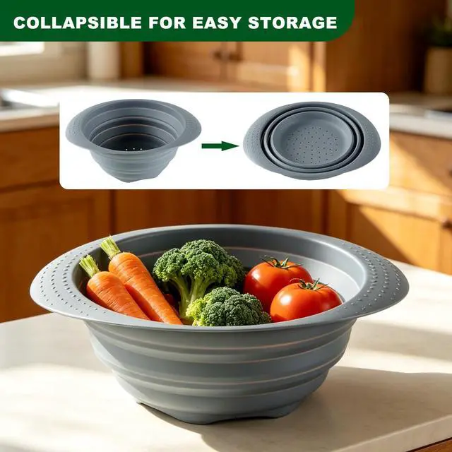 Alt view image 4 of 6 - Collapsible Silicone Colander with Handle, 10.5-Inch Large Capacity Foldable Strainer for Vegetables, Pasta, Fruits - Heat Resistant up to 212°F, Non-Slip Base, Space-Saving Kitchen Tool-2pack