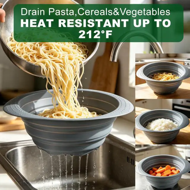 Alt view image 5 of 6 - Collapsible Silicone Colander with Handle, 10.5-Inch Large Capacity Foldable Strainer for Vegetables, Pasta, Fruits - Heat Resistant up to 212°F, Non-Slip Base, Space-Saving Kitchen Tool-2pack