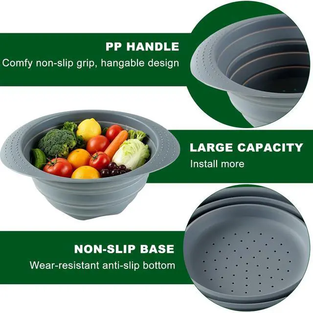 Alt view image 6 of 6 - Collapsible Silicone Colander with Handle, 10.5-Inch Large Capacity Foldable Strainer for Vegetables, Pasta, Fruits - Heat Resistant up to 212°F, Non-Slip Base, Space-Saving Kitchen Tool-2pack