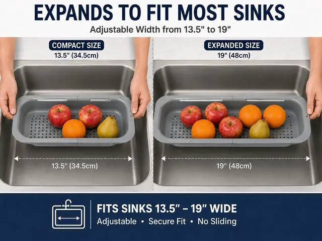 Alt view image 3 of 7 - Expandable Over Sink Strainer, Adjustable Kitchen Colander, Gray | Wash produce Drain pasta Dry dishes & utensils Maximize sink workspace