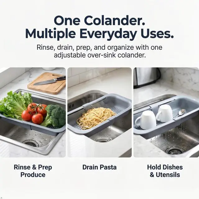 Alt view image 4 of 7 - Expandable Over Sink Strainer, Adjustable Kitchen Colander, Gray | Wash produce Drain pasta Dry dishes & utensils Maximize sink workspace
