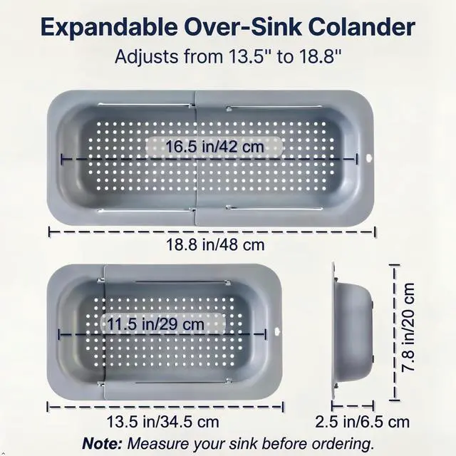 Alt view image 2 of 7 - Expandable Over Sink Strainer, Adjustable Kitchen Colander, Gray | Wash produce Drain pasta Dry dishes & utensils Maximize sink workspace