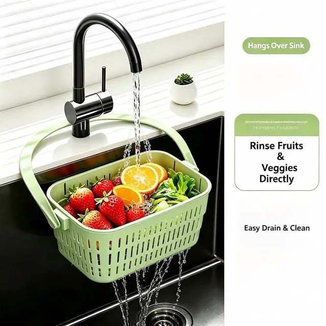 Alt view image 2 of 7 - Stretchable Hanging Sink Draining Basket with Flip Lid, Space-Saving Collapsible Kitchen Storage Basket, Multi-Purpose Drain Basket for Fruits, Vegetables & Kitchen Gadgets