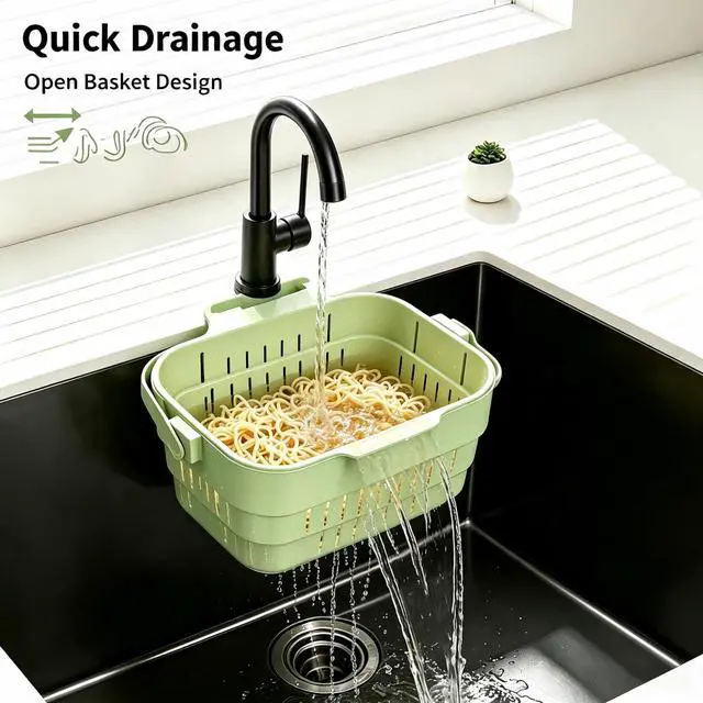 Alt view image 3 of 7 - Stretchable Hanging Sink Draining Basket with Flip Lid, Space-Saving Collapsible Kitchen Storage Basket, Multi-Purpose Drain Basket for Fruits, Vegetables & Kitchen Gadgets