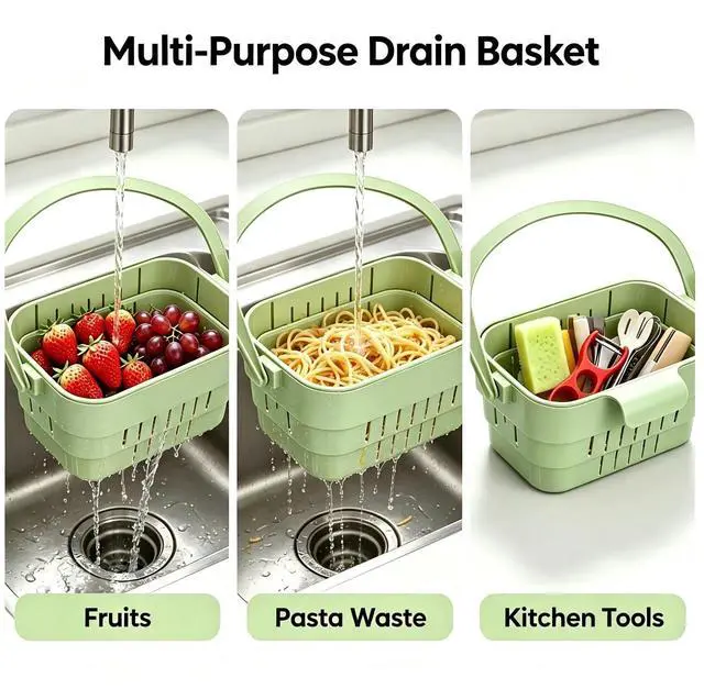Alt view image 6 of 7 - Stretchable Hanging Sink Draining Basket with Flip Lid, Space-Saving Collapsible Kitchen Storage Basket, Multi-Purpose Drain Basket for Fruits, Vegetables & Kitchen Gadgets
