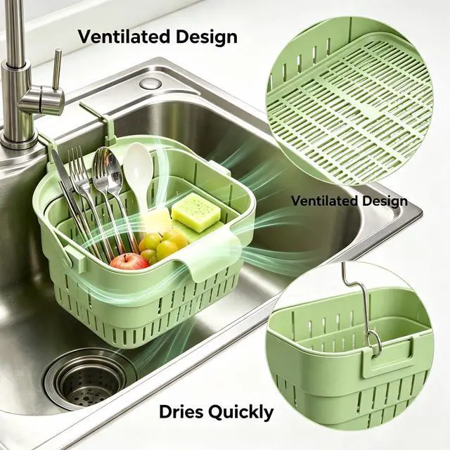 Alt view image 7 of 7 - Stretchable Hanging Sink Draining Basket with Flip Lid, Space-Saving Collapsible Kitchen Storage Basket, Multi-Purpose Drain Basket for Fruits, Vegetables & Kitchen Gadgets