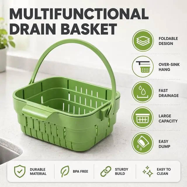 Alt view image 2 of 7 - Foldable Hanging Sink Drain Basket Stretchable Kitchen Colander with Flip Cover, Space Saving Food Strainer & Faucet Storage Rack for Fruits, Vegetables, Utensils & Kitchen Organization