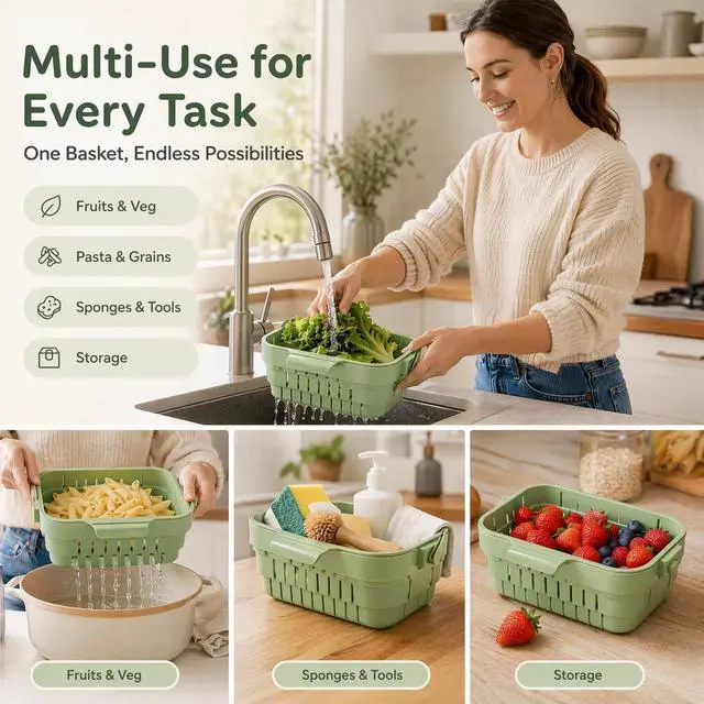 Alt view image 6 of 7 - Foldable Hanging Sink Drain Basket Stretchable Kitchen Colander with Flip Cover, Space Saving Food Strainer & Faucet Storage Rack for Fruits, Vegetables, Utensils & Kitchen Organization