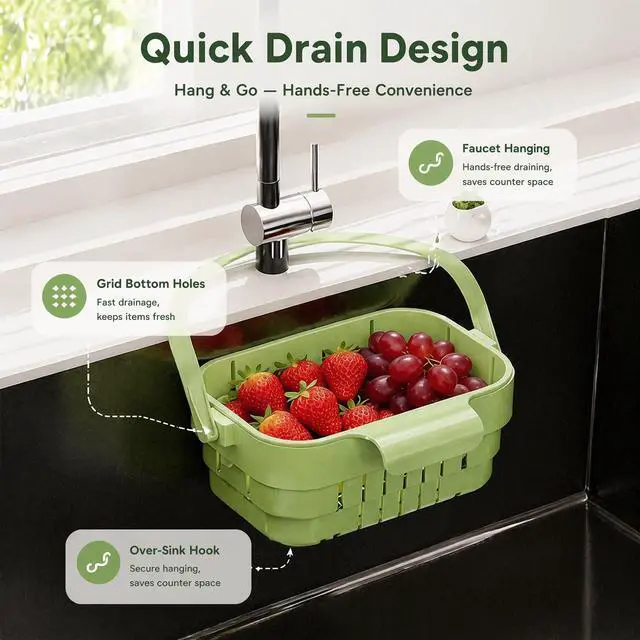 Alt view image 7 of 7 - Foldable Hanging Sink Drain Basket Stretchable Kitchen Colander with Flip Cover, Space Saving Food Strainer & Faucet Storage Rack for Fruits, Vegetables, Utensils & Kitchen Organization