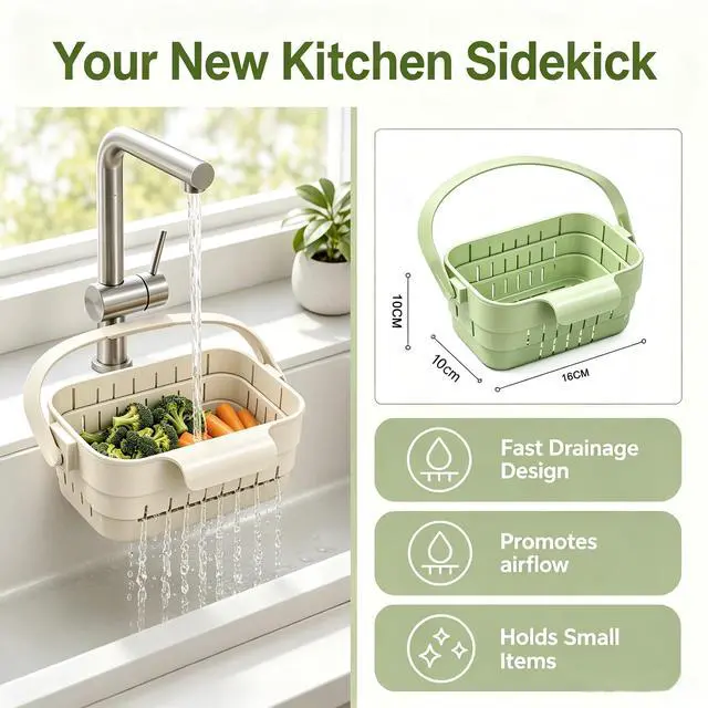 Alt view image 2 of 6 - Foldable Hanging Sink Drain Basket, Stretchable Kitchen Colander with Handle, Space Saving Multi-functional Kitchen Storage Basket Draining for Food, Fruits, Vegetables, Utensils(Green)