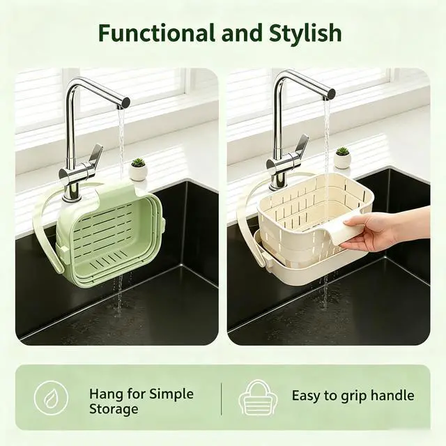 Alt view image 3 of 6 - Foldable Hanging Sink Drain Basket, Stretchable Kitchen Colander with Handle, Space Saving Multi-functional Kitchen Storage Basket Draining for Food, Fruits, Vegetables, Utensils(Green)