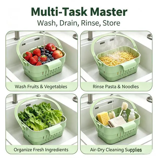 Alt view image 5 of 6 - Foldable Hanging Sink Drain Basket, Stretchable Kitchen Colander with Handle, Space Saving Multi-functional Kitchen Storage Basket Draining for Food, Fruits, Vegetables, Utensils(Green)