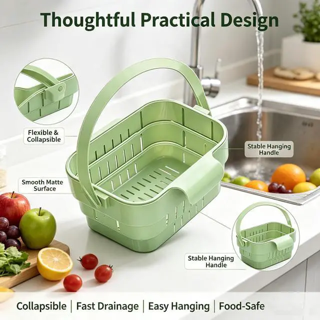 Alt view image 6 of 6 - Foldable Hanging Sink Drain Basket, Stretchable Kitchen Colander with Handle, Space Saving Multi-functional Kitchen Storage Basket Draining for Food, Fruits, Vegetables, Utensils(Green)