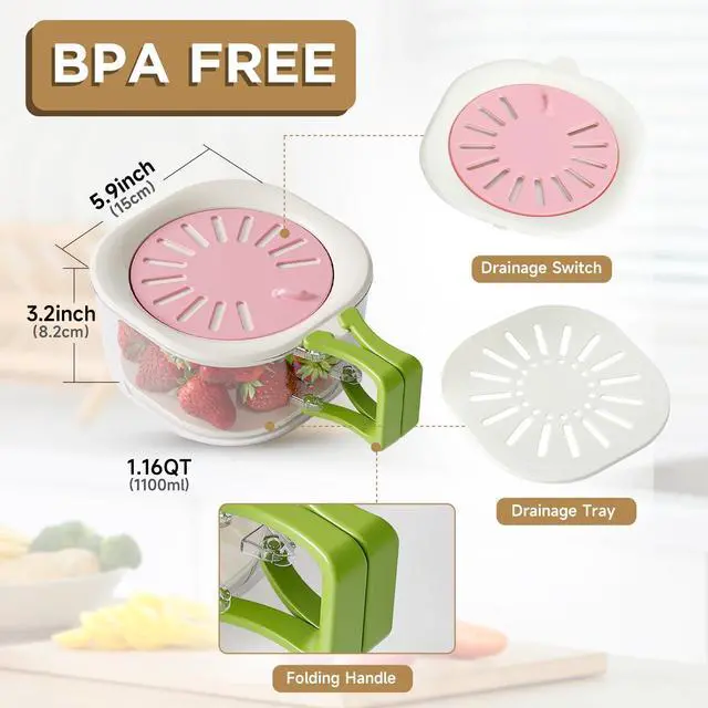 Alt view image 3 of 7 - Fruit Berry Washing Bowl with Strainer, Fruit Vegetable Lettuce Keeper Storage Containers with Foldable Handle, Portable Strainers and Colander for Kitchen Fridge Picnic Outdoor (Pink)