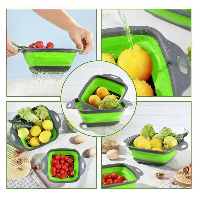 Alt view image 3 of 7 - 2 PCS Collapsible Colander, Collapsible Strainers for Kitchen, 11.5 inch Silicone Strainer and 9.5 inch Silicone Colander for Draining Vegetable fruit, Kitchen Food Strainer, Blue (Green)