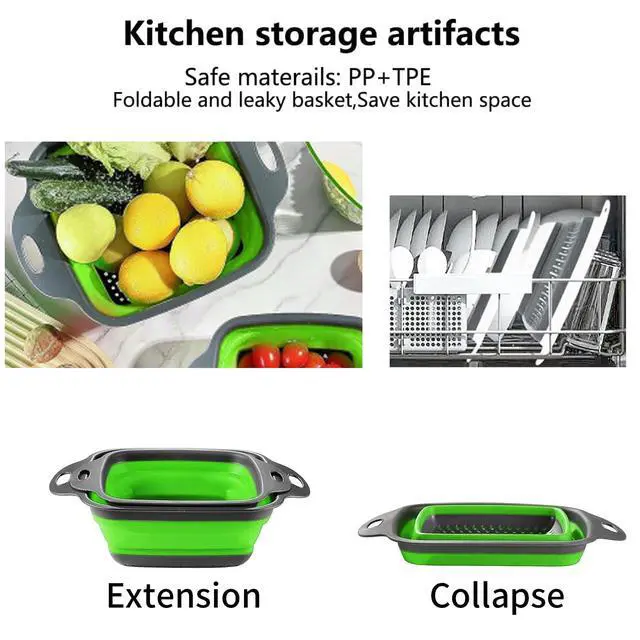 Alt view image 4 of 7 - 2 PCS Collapsible Colander, Collapsible Strainers for Kitchen, 11.5 inch Silicone Strainer and 9.5 inch Silicone Colander for Draining Vegetable fruit, Kitchen Food Strainer, Blue (Green)
