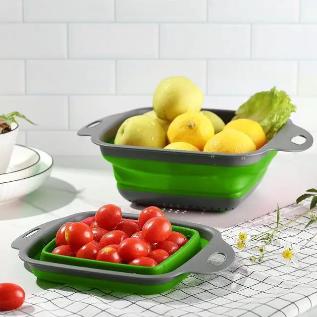 Alt view image 5 of 7 - 2 PCS Collapsible Colander, Collapsible Strainers for Kitchen, 11.5 inch Silicone Strainer and 9.5 inch Silicone Colander for Draining Vegetable fruit, Kitchen Food Strainer, Blue (Green)