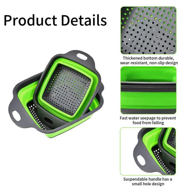Alt view image 7 of 7 - 2 PCS Collapsible Colander, Collapsible Strainers for Kitchen, 11.5 inch Silicone Strainer and 9.5 inch Silicone Colander for Draining Vegetable fruit, Kitchen Food Strainer, Blue (Green)