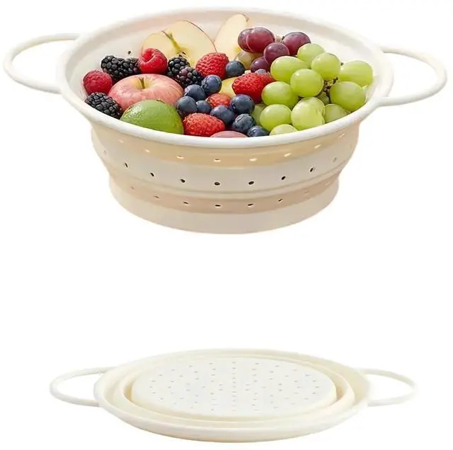 Main image of Collapsible Silicone Colander with Handles, Round Strainer with Stainless Steel Rim, Space Saving Kitchen Tool for Fruits & Vegetables,BPA-Free,Heat-Resistant Pasta Drainer (White, S)