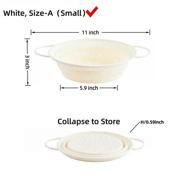 Alt view image 3 of 7 - Collapsible Silicone Colander with Handles, Round Strainer with Stainless Steel Rim, Space Saving Kitchen Tool for Fruits & Vegetables,BPA-Free,Heat-Resistant Pasta Drainer (White, S)