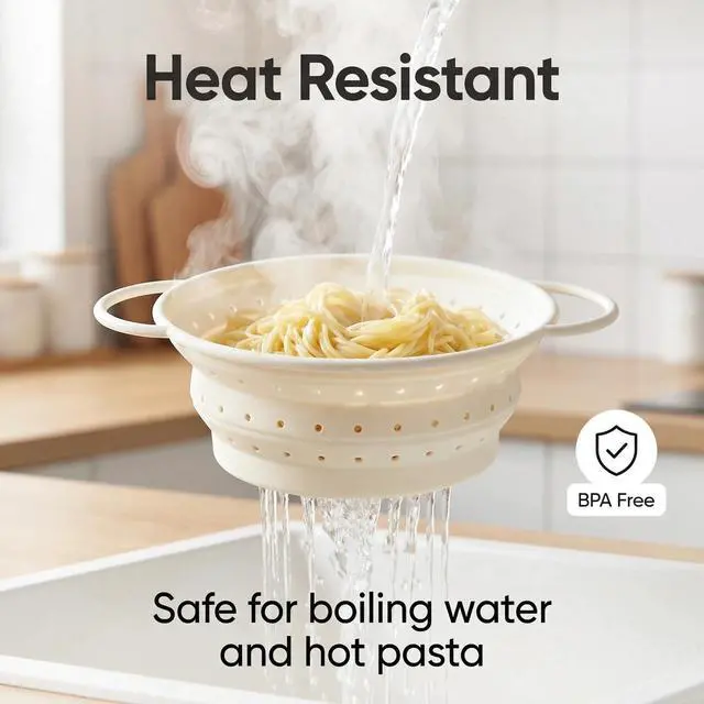 Alt view image 4 of 7 - Collapsible Silicone Colander with Handles, Round Strainer with Stainless Steel Rim, Space Saving Kitchen Tool for Fruits & Vegetables,BPA-Free,Heat-Resistant Pasta Drainer (White, S)