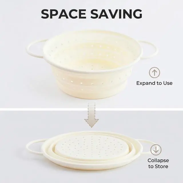 Alt view image 5 of 7 - Collapsible Silicone Colander with Handles, Round Strainer with Stainless Steel Rim, Space Saving Kitchen Tool for Fruits & Vegetables,BPA-Free,Heat-Resistant Pasta Drainer (White, S)
