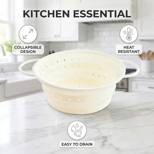 Alt view image 6 of 7 - Collapsible Silicone Colander with Handles, Round Strainer with Stainless Steel Rim, Space Saving Kitchen Tool for Fruits & Vegetables,BPA-Free,Heat-Resistant Pasta Drainer (White, S)