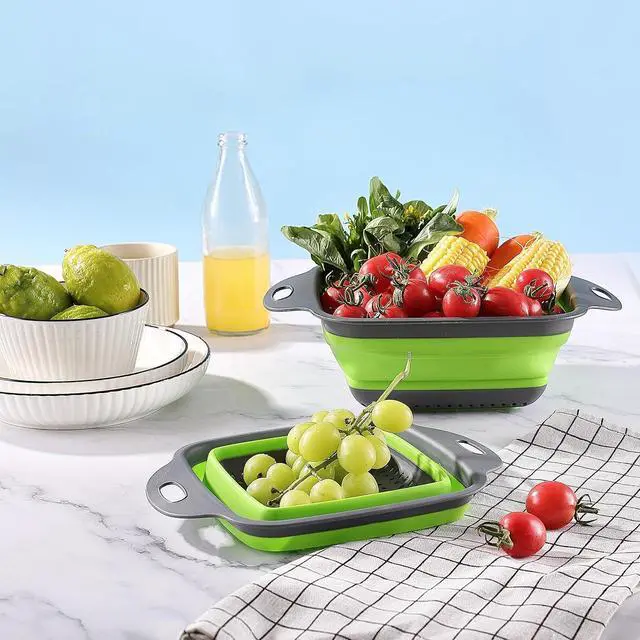 Alt view image 6 of 6 - Collapsible Colander,Collapsible Colander Set,Folding Kitchen Silicone Strainer,Vegetable Pasta And Fruit,Folding and Expandable Square Silicone Kitchen Strainer